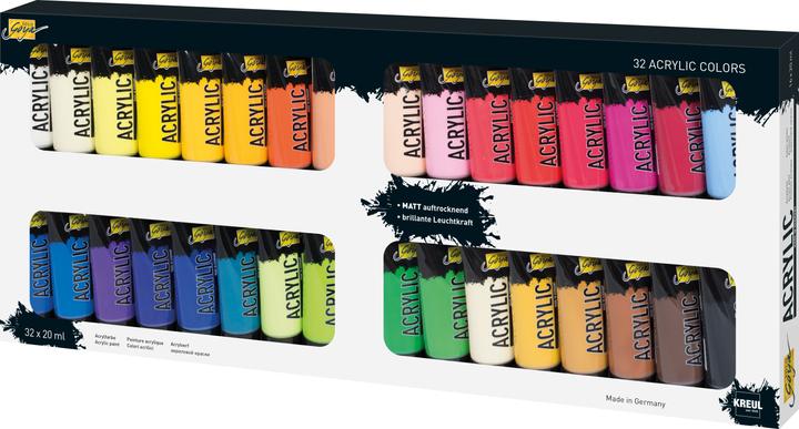 Image du produit Solo Goya Kit acrylique (Beige, Bleu cobalt, Vert clair, Oxyde brun foncé, Ivoire, Feuille vert, Bleu bobine, Jaune-vert, Bleu outremer, Turquoise, Violet, Orange véritable, Vert permanent, Bleu primaire, Brun foncé, Ocre, Rosier, En terre cuite, Bleu clair, Vin rouge, Carmin, Jaune véritable clair, vermillon, 640 ml)
