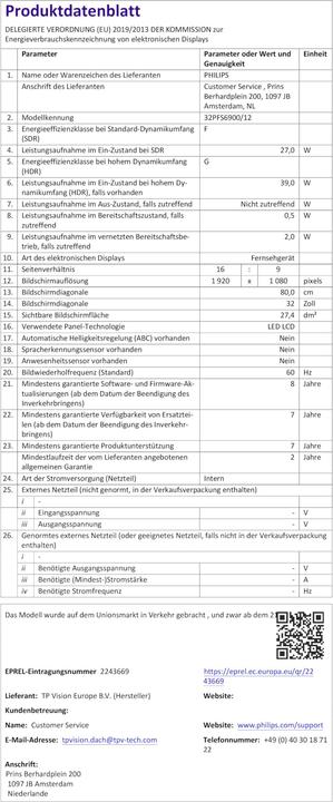 Nährwerte und Zutaten Philips 32PFS6900/12 80cm 32" Full HD Ambilight TV (32", LED, Full HD)