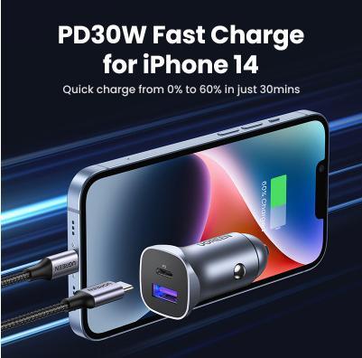 Produktbild Ugreen CD130 Car Charger, USB-A+PD 3.0, USB-C, QC3.0 30W (Grey)