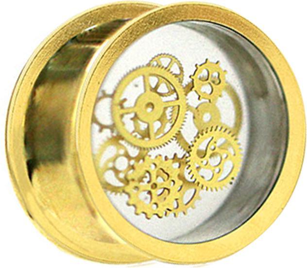 Actual product image Star Piercing Flesh Plug Gold Plated Steampunk Gears Epoxy Transparent (Organic, Brass)