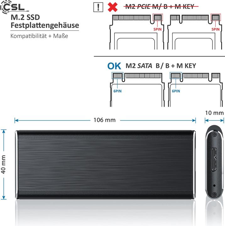 Actual product image CSL external USB 3.0 m.2 SSD hard drive enclosure (M.2 2230, M.2 2242, M.2 2260, M.2)