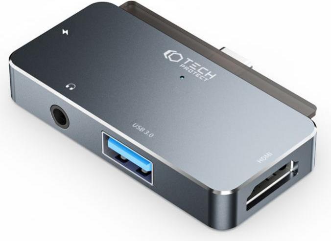 Actual product image Tech-Protect HUB V6 4in1 USB-C - USB-A 3.0 / USB-C PD100W / HDMI / mini jack 3.5mm - grey (USB-C, 4 Ports)