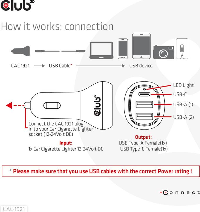 Actual product image Club 3D Club3D USB Car Charger 1xUSB C, 2xUSB A, 36W, 12/24V retail