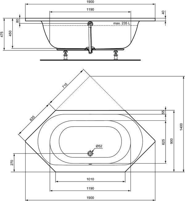 Image du produit Ideal Standard Baignoire hexagonale Connect Air 90 x 190 cm blanc alpin lisse E106901 (235 l, 190 cm, 90 cm)