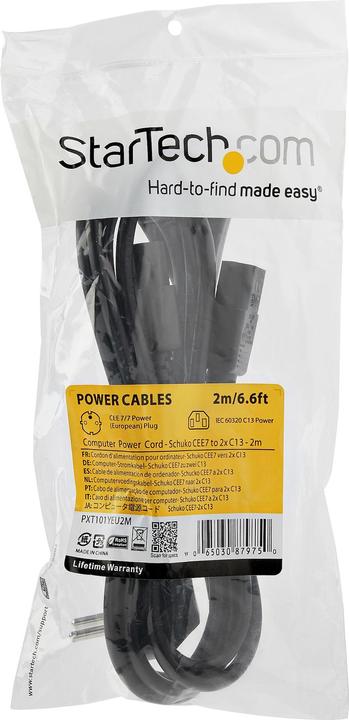 Produktbild StarTech 2m C13 Stromkabel - Schuko CEE7 auf 2x C13 - Y-Stromkabel - C13 Kaltgerätekabel (2 m)