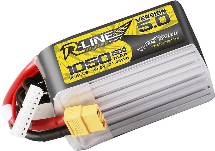 Image du produit Tattu Lipo R-Line Version 5.0 1050mAh 29.6V 8S 150C battery with XT60 connector (29.60 V, 1050 mAh)