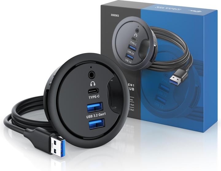 Produktbild CSL Multi Hub für Tischkabeldurchführung: 2x USB 3.2 Gen1, 1x USB-C, 1x 3,5mm Audio, Tischkabeldose (USB-A, 4 Ports)