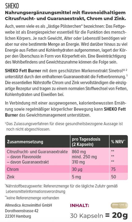 Nährwerte und Zutaten Sheko Fett Burner (1 Stück, Kapseln, 41 g)
