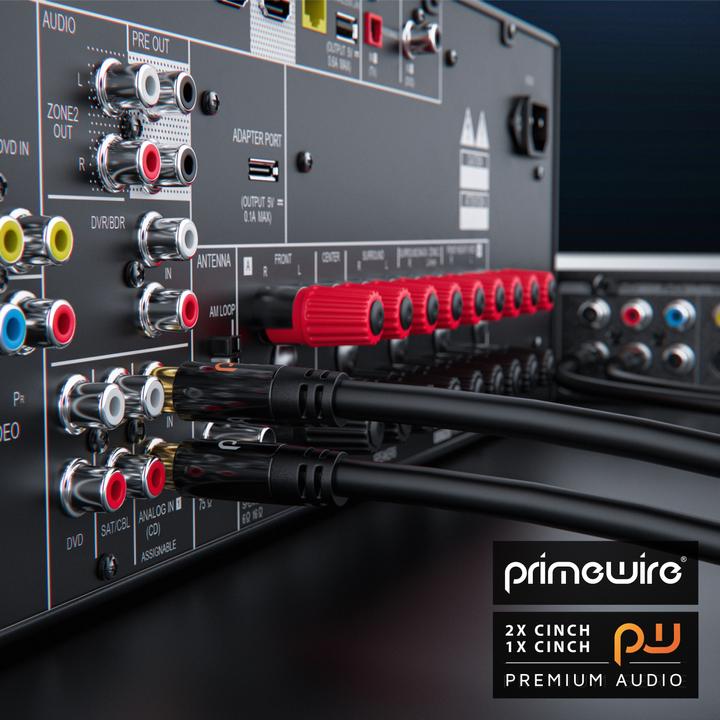 Actual product image Primewire Cinch Audio Cable - Y-Cinch Coaxial Cable - Subwoofer Cable - 1 Cinch Plug to 2 Cinch Plugs (7.50 m, Cinch)