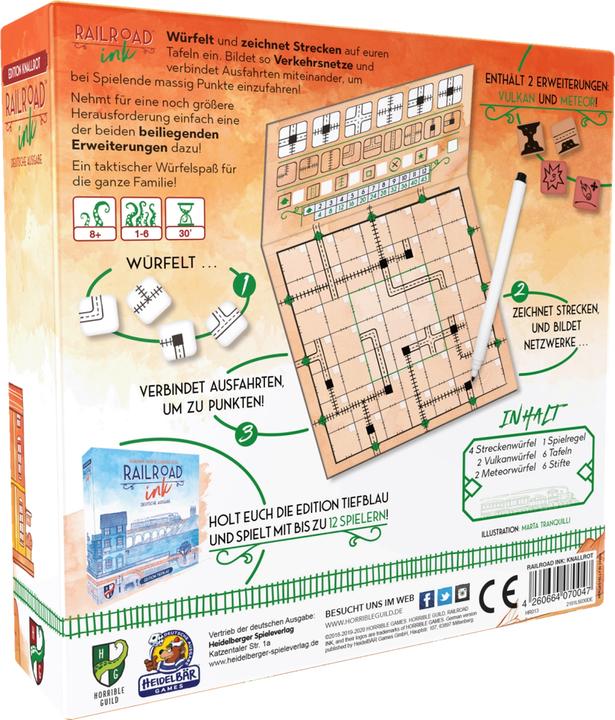 Nutritional values and ingredients Horrible Guild HR013 - Railroad Ink: Edition bright red, dice game, 1-6 player, from 8 years (DE edition) (German)
