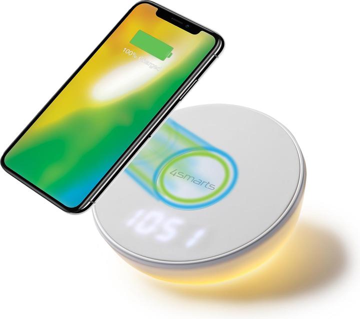 Actual product image 4smarts Wireless Charger VoltBeam N8 15W with Clock LED Lamp White