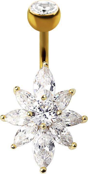 Actual product image Star Piercing Banana 14k gold-plated with ball crystal silver crystal flower (Brass, Surgical steel 316L)