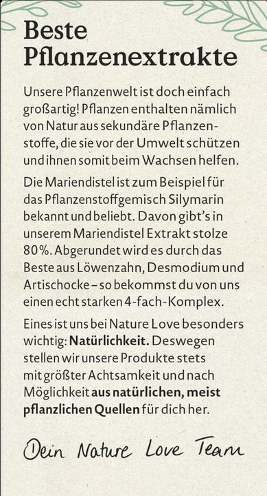 Valeurs nutritives et ingrédients Nature Love Complexe de chardon-marie (60 pièce(s), Capsules, 40 g)