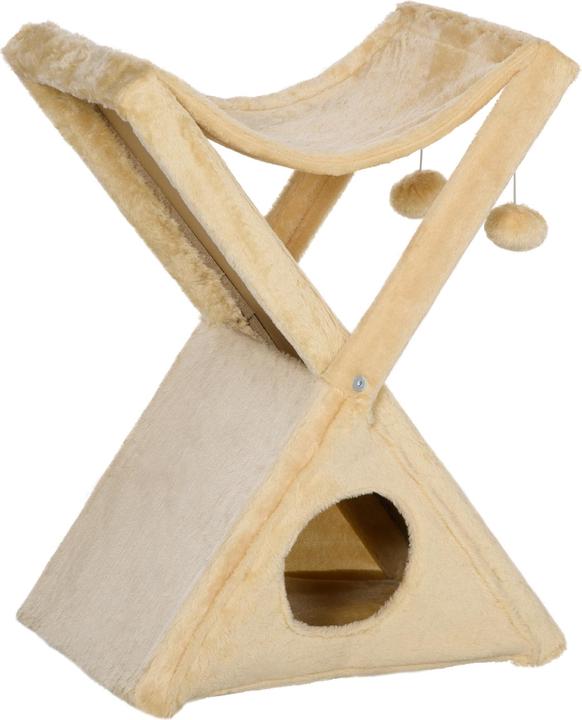 Produktbild PawHut Katzenturm mit Höhle und Hängematte (65 cm, Beige)