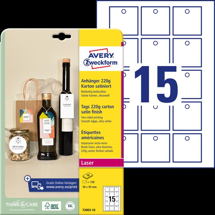 Actual product image Avery Purpose label, cardboard, 220 gsm, 50 x 50 mm, white satin finish, absolutely smooth edges