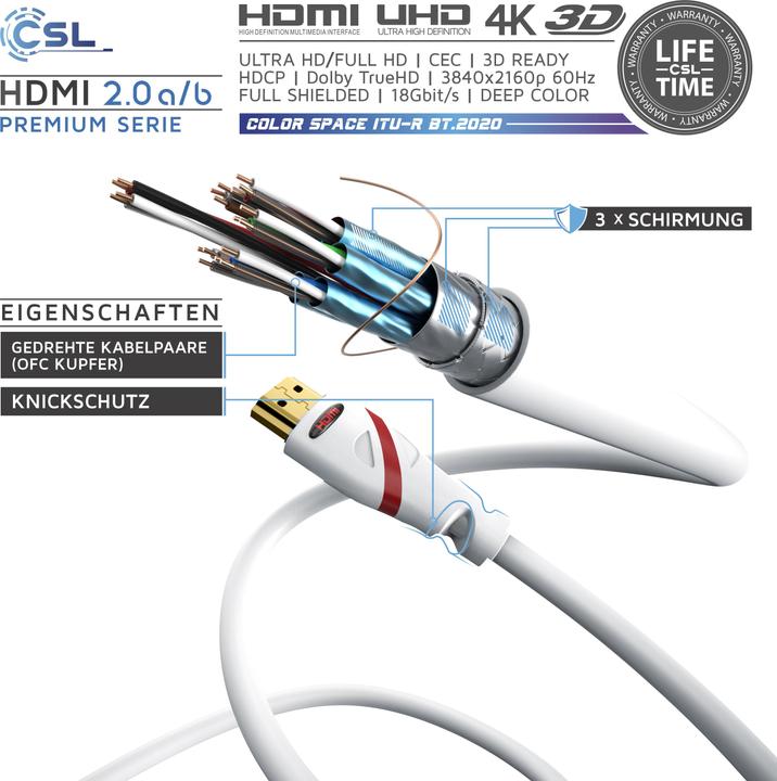 Produktbild CSL HDMI Kabel 2.0b - 4k Ultra HD 2160p - 3D Ready - High Speed - 3 fach geschirmt - HDMI 2.0b 2.0a 2.0 (0.50 m, HDMI)