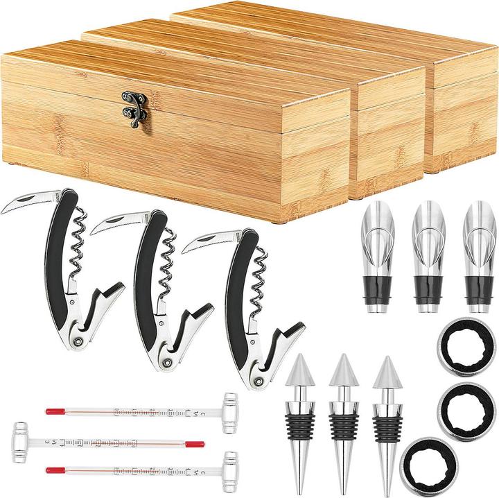 Produktbild Carlo Milano 3x 5-teiliges Sommelier-Set in edler Geschenkbox für 1 Weinflasche (Weinverschluss, Weinthermometer, Weinausgiesser)