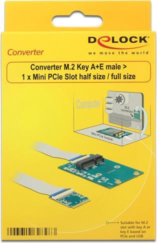 Produktbild Delock Konverter M.2 Key A+E Stecker > 1 x Mini PCIe Slot half size / full size mit flexiblem Kabel