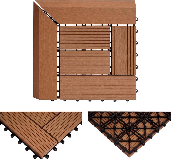 Produktbild Swisshandel24 WPC Eck-Bodenfliese Rhone + Abschluss, Holzoptik Terrasse, 30x30cm Premium Ecke, teak versetzt (1 x, 30 x 30 cm)