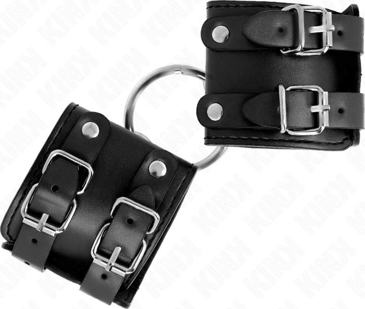Actual product image Kink Fixed Wrist Cuffs With Ring And Rivets Adjustable Black 17-22 cm X 6,5 cm