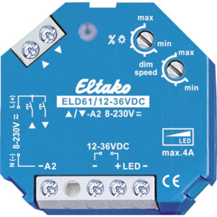 Actual product image Eltako LED dimmer switch 1236V DC. Power MOSFET for LED lamps 1236V DC up to 4A. (Dimming actuator)
