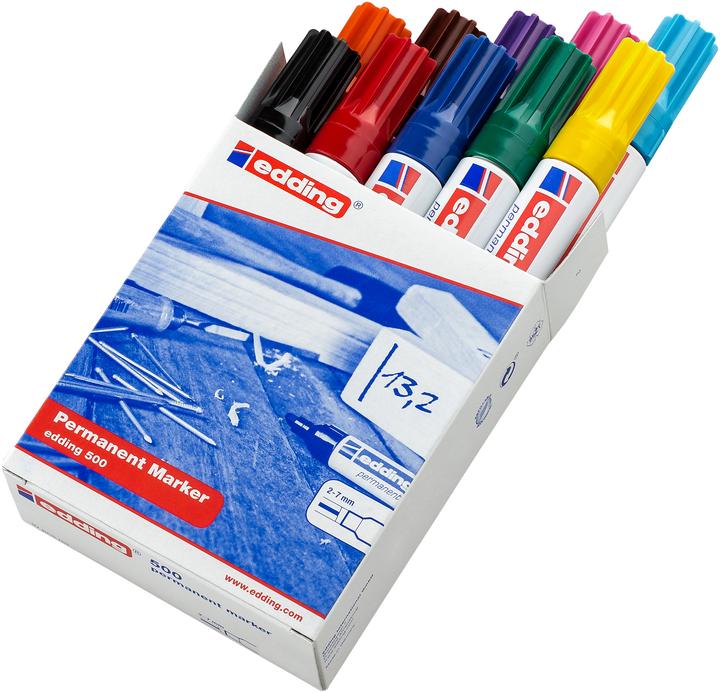 Produktbild Edding 500 (Orange, Gelb, Violett, Grün, Blau, Pink, Schwarz, Rot, Braun, Hellblau, 2 mm, 10 x)