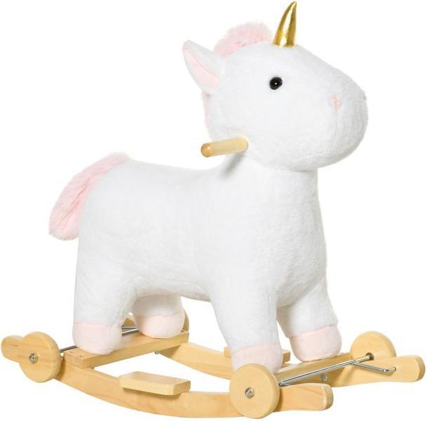 Immagine prodotto Swisshandel24 Cavallo a dondolo 2-IN-1 Animale a dondolo con ruote Peluche Bianco 63 x 38 x 63 cm