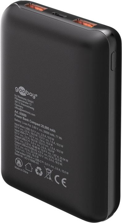 Image du produit Goobay Banque d'énergie compacte 20 000 mAh (20 mAh, 22.50 W, 77 Wh)