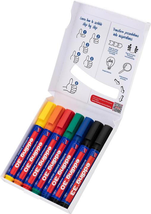 Produktbild Edding Flipchart-Marker (Grün, Rot, Gelb, Schwarz, Orange, Blau, 3 mm, 7 x)