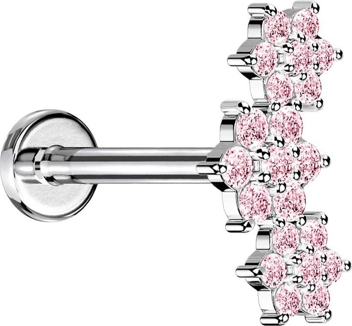 Image du produit Star Piercing Micro Labret femelle argenté trois fleurs cristaux roses (Acier chirurgical 316L, Laiton)