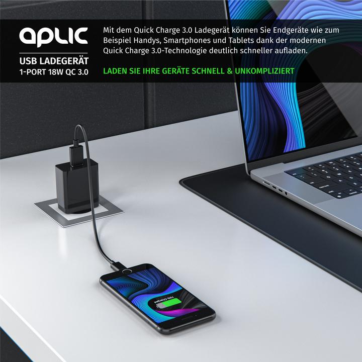Produktbild Aplic USB Ladegerät 3000 mA, Quick Charge 3.0 USB-Ladegerät 1x USB A QC 3.0 Port, max. 3A über QC, schwarz