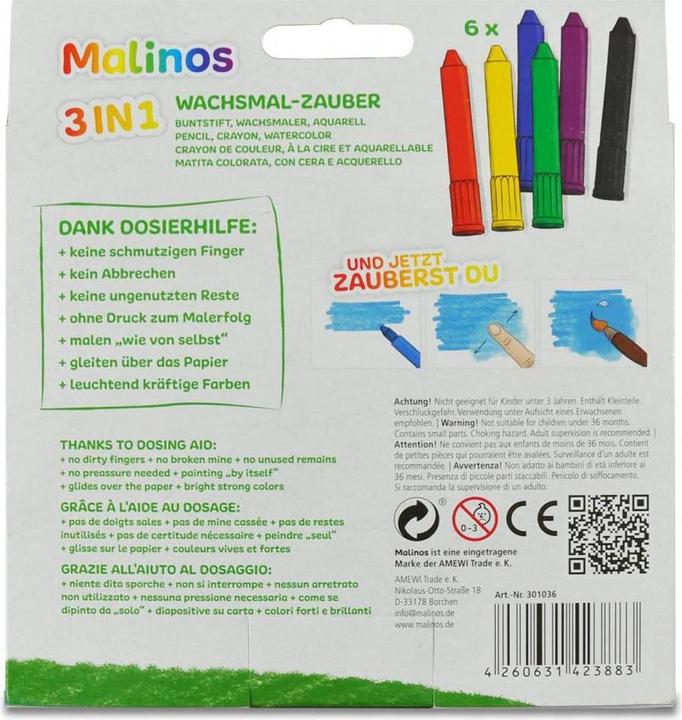 Immagine prodotto Malinos pastelli a cera 3 in 1, 6 pezzi (Multicolore, 6 x)