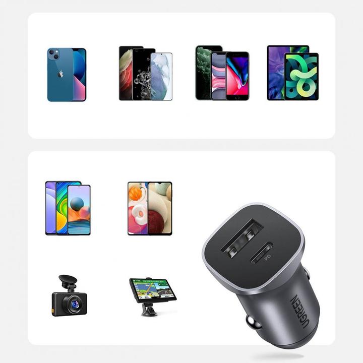 Produktbild Ugreen CD130 Car Charger, USB-A+PD 3.0, USB-C, QC3.0 30W (Grey)