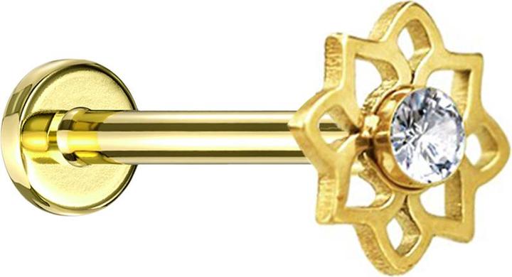 Produktbild Star Piercing Micro Labret Innengewinde vergoldet Blume Kristall silber (Chirurgenstahl 316L, ohne Messing)