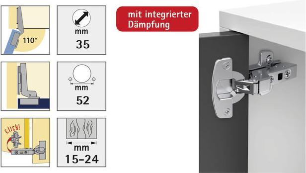 Produktbild Hettich Sensys Topfscharnier mit integrierter Dmpfung, innenliegend 35 mm, 2 Stck