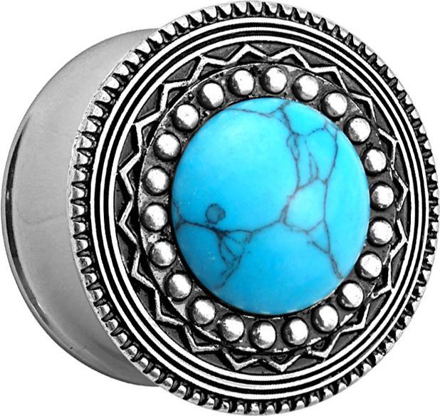 Star Piercing Flared Plug mit Tribal Schild und türkis Stein (Messing, Chirurgenstahl 316L)