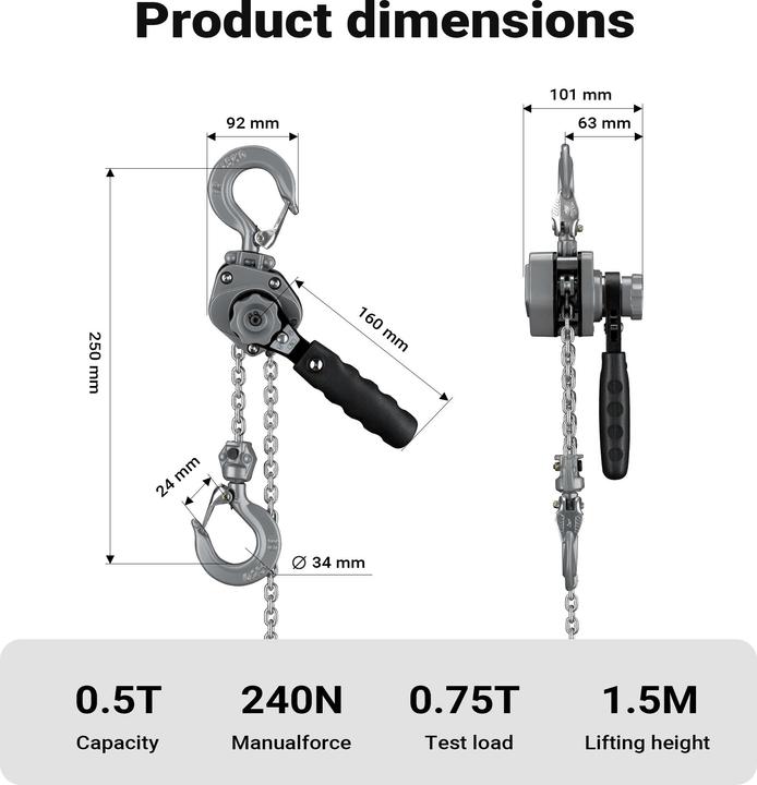 Actual product image Wiltec Lever Chain Hoist 500 kg Lifting Height 1.5 m Manual Blocks Equipment