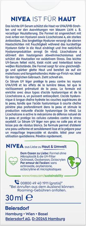 Nutritional values and ingredients NIVEA 2 in 1 Primer (Sun cream face, SPF 50+, 30 ml)