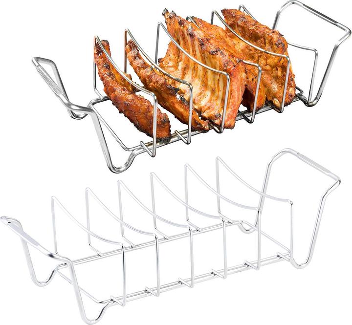 Produktbild Rosenstein & Söhne 2er-Set 2in1-Sparerib-Halter & Bratenkorb für Grill & Ofen, Edelstahl