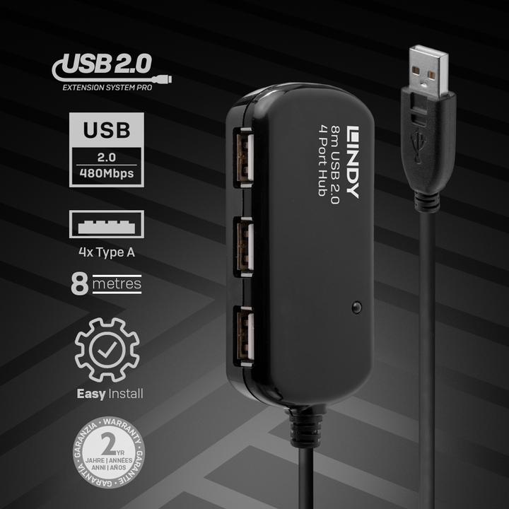 Actual product image Lindy USB 2.0 Active Extension Pro 8m including 4 Port USB Hub (USB-A, 4 Ports)