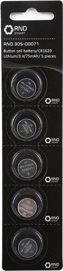 RND Button cell battery, CR1620, 3V, pack of 5 (5 pcs., CR1620, 70 mAh)