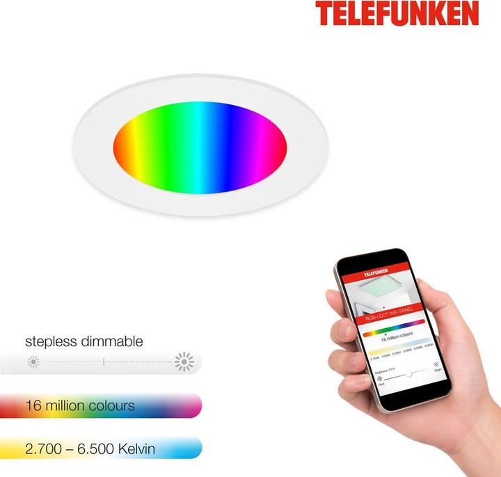 Produktbild Telefunken LED Einbauleuchte IP23 dimmbar WiFi RGBW 6W 600 lm warmwei - tageslichtwei rund wei 12/110 mm (600 lm)