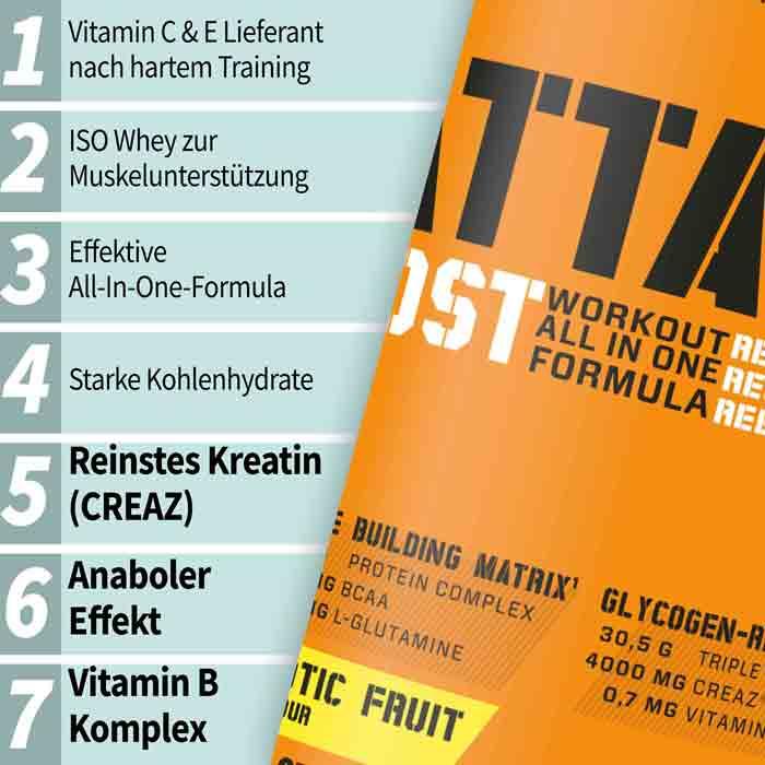 Valori nutrizionali e ingredienti Body Attack Post Attack 3.0 (lattina da 900g) (Frutta Esotica, 1 pz., 900 g)