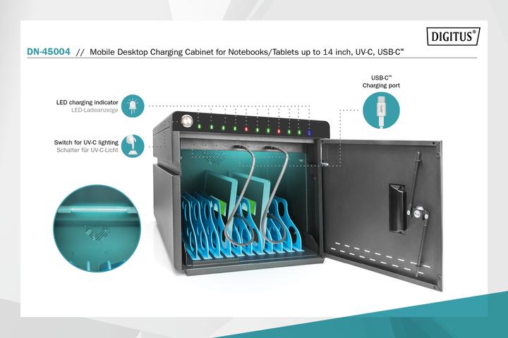 Actual product image Digitus Mobile Desktop Charging Cabinet for Notebooks/Tablets up to 14 inch, UV-C, USB-C