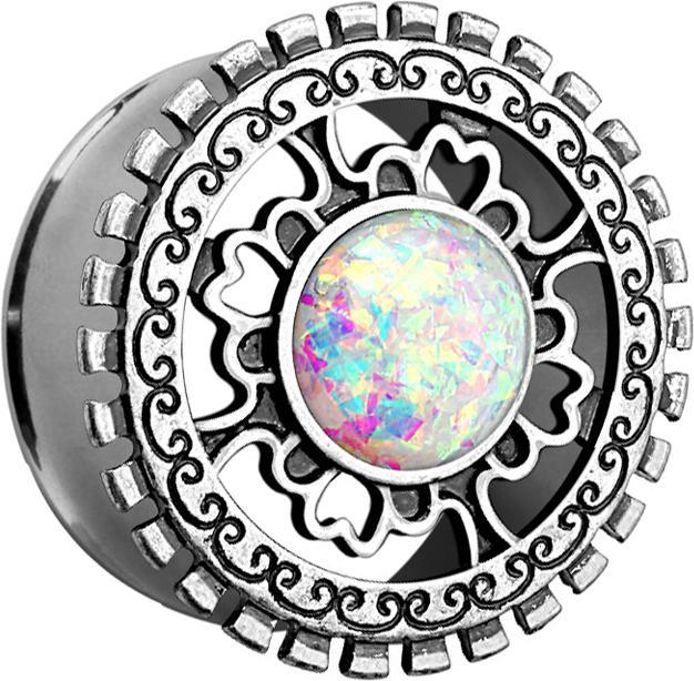 Produktbild Star Piercing Flared Tunnel mit Tribal Schild antik silber und Opal Kugel (Messing, Chirurgenstahl 316L)