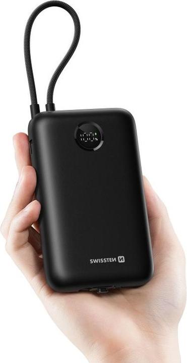 Actual product image Swissten Power Bank Voltbox 35w 20000 Mah With Built-In Cables USB-C and Lightning Black (20000 mAh, 35 W, 35 Wh)