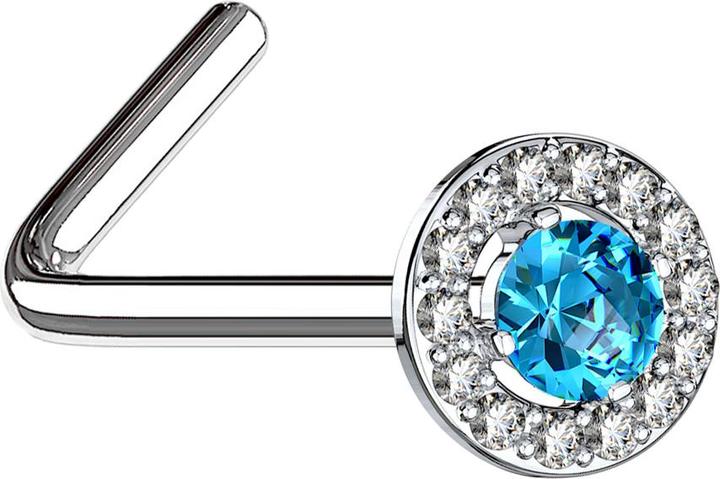 Actual product image Star Piercing Nose stud angled silver crystal circle with large crystal aqua (Brass, Surgical steel 316L)