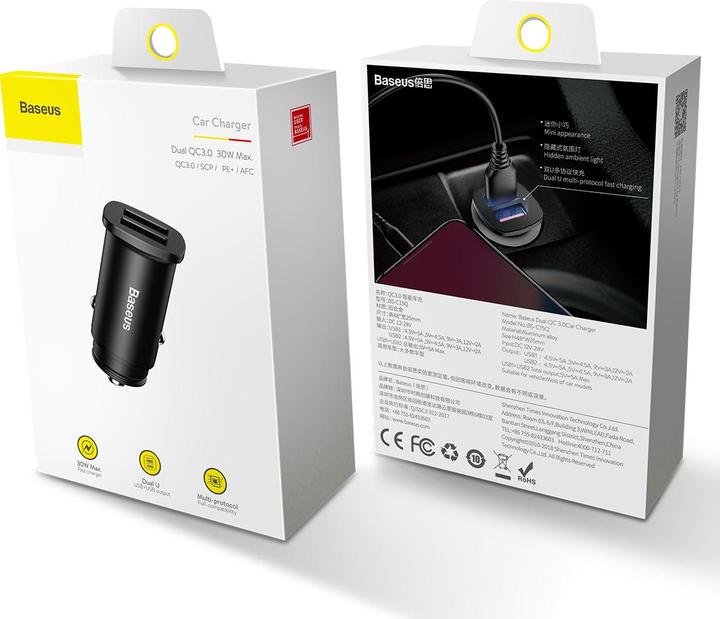 Actual product image Baseus Square metal A+A 30W Dual QC3.0 Quick Car Charger Black
