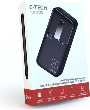 Produktbild C-Tech Powerbanka, Li-Pol,, USB-C/USB-A/micro USB (20000 mAh, 22.50 W)