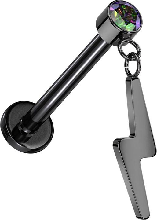 Produktbild Star Piercing Micro Threadless Labret schwarz Zylinder schwarz Kristall dunkel multicolor Anhänger Blitz schwarz (ohne Messing, Titan G23)